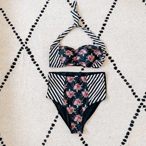 Floral Striped High Waisted Bikini